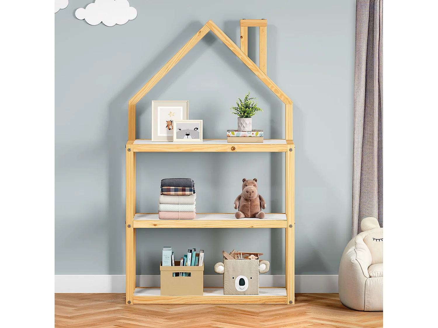 Étagère enfant LENISE en pin massif, meuble rangement chambre enfant en forme de maison en bois lasuré blanc/naturel