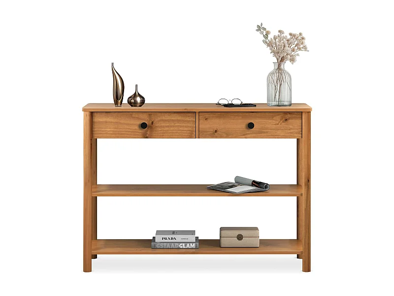 Table console d'entrée APOANA L 110 cm en bois massif coloris chêne avec 2 tiroirs et 2 tablettes, Design naturel