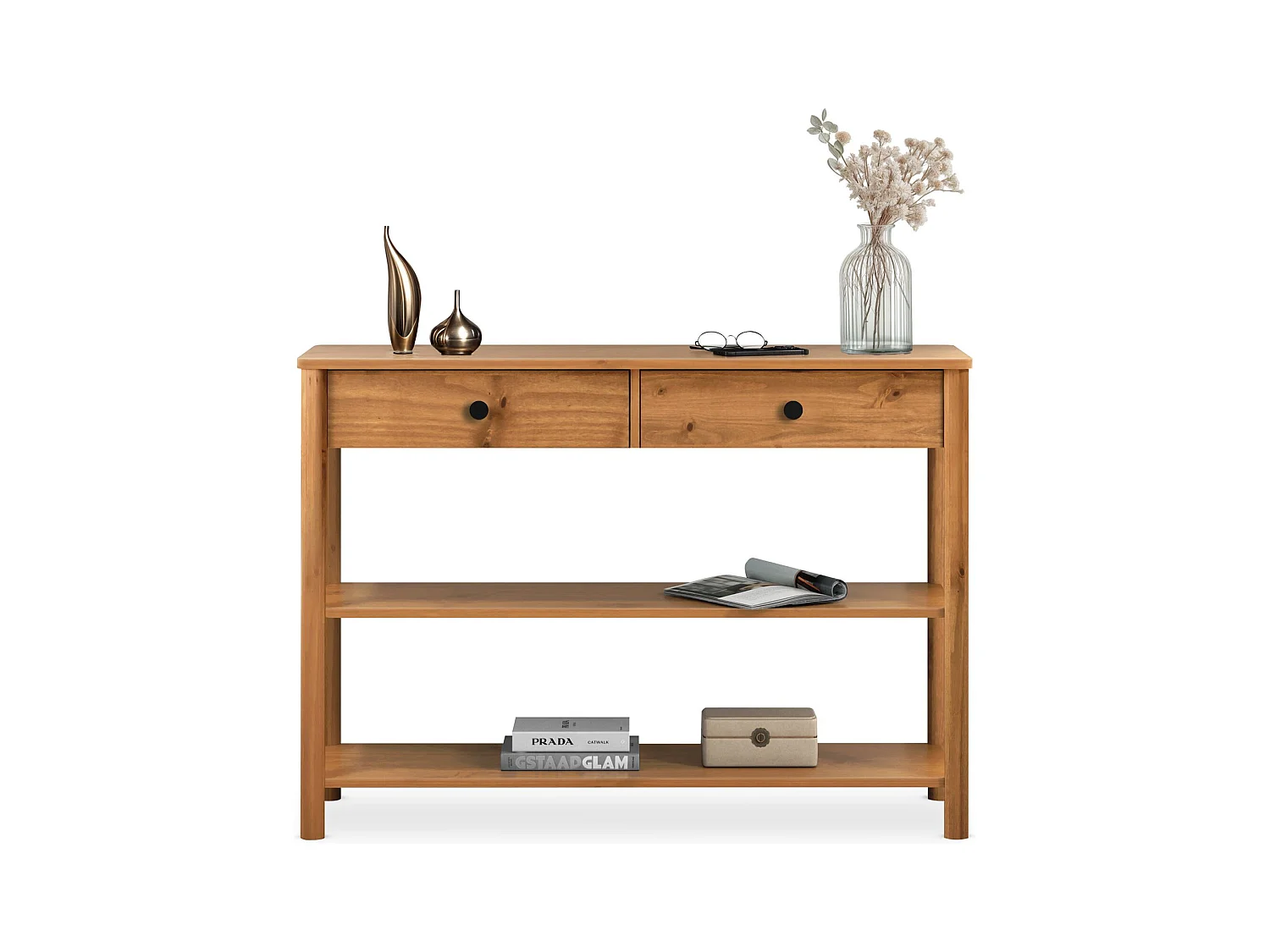 Table console d'entrée APOANA L 110 cm en bois massif coloris chêne avec 2 tiroirs et 2 tablettes, Design naturel