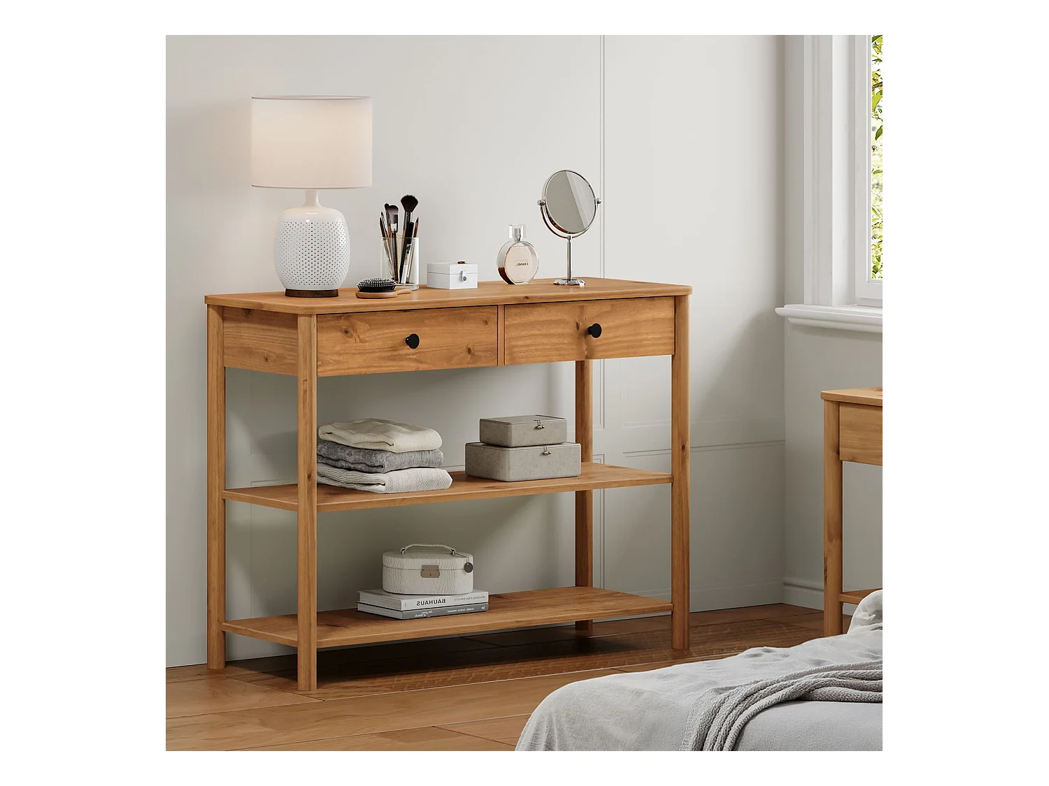 Table console d'entrée APOANA L 110 cm en bois massif coloris chêne avec 2 tiroirs et 2 tablettes, Design naturel