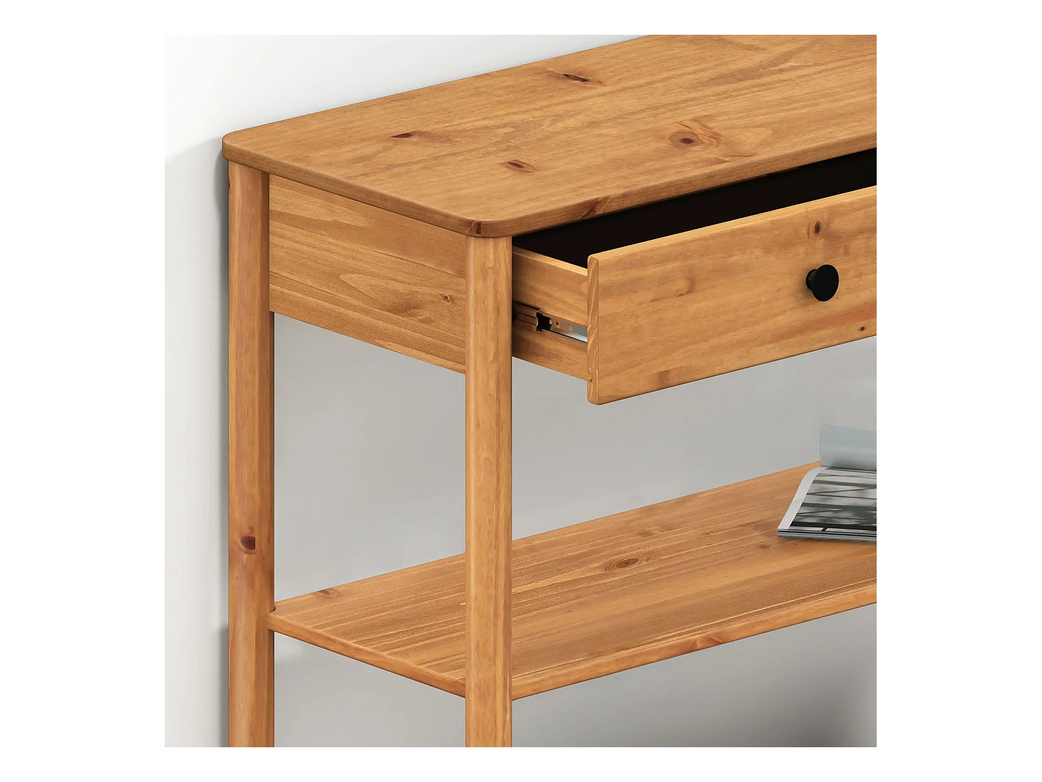 Table console d'entrée APOANA L 110 cm en bois massif coloris chêne avec 2 tiroirs et 2 tablettes, Design naturel