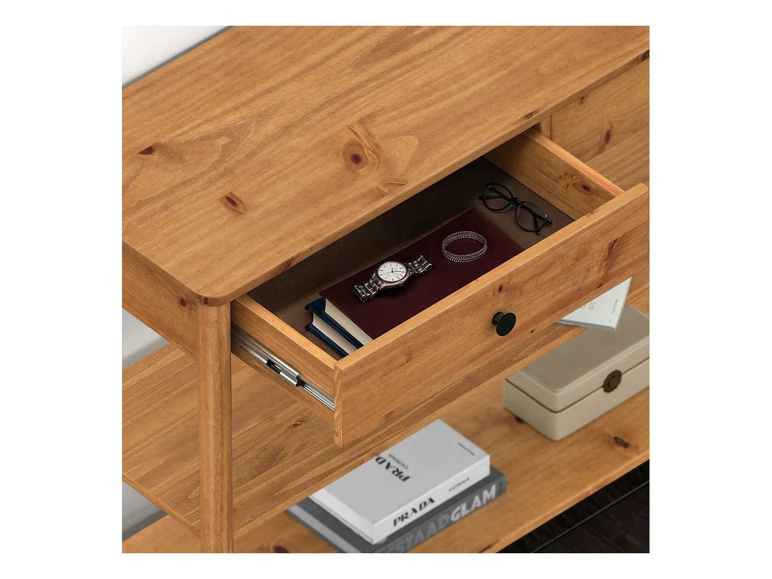 Table console d'entrée APOANA L 110 cm en bois massif coloris chêne avec 2 tiroirs et 2 tablettes, Design naturel