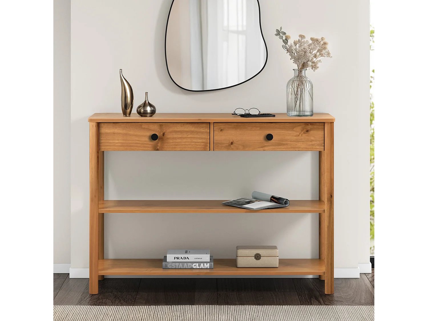 Table console d'entrée APOANA L 110 cm en bois massif coloris chêne avec 2 tiroirs et 2 tablettes, Design naturel