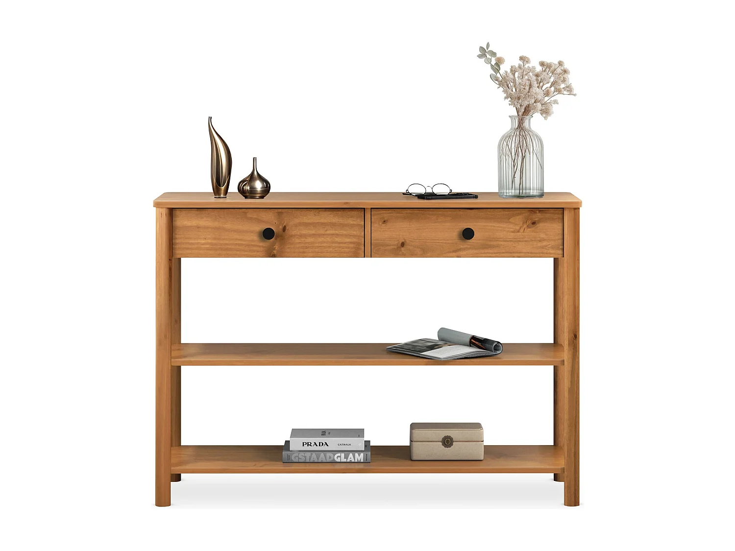 Table console d'entrée APOANA L 110 cm en bois massif coloris chêne avec 2 tiroirs et 2 tablettes, Design naturel