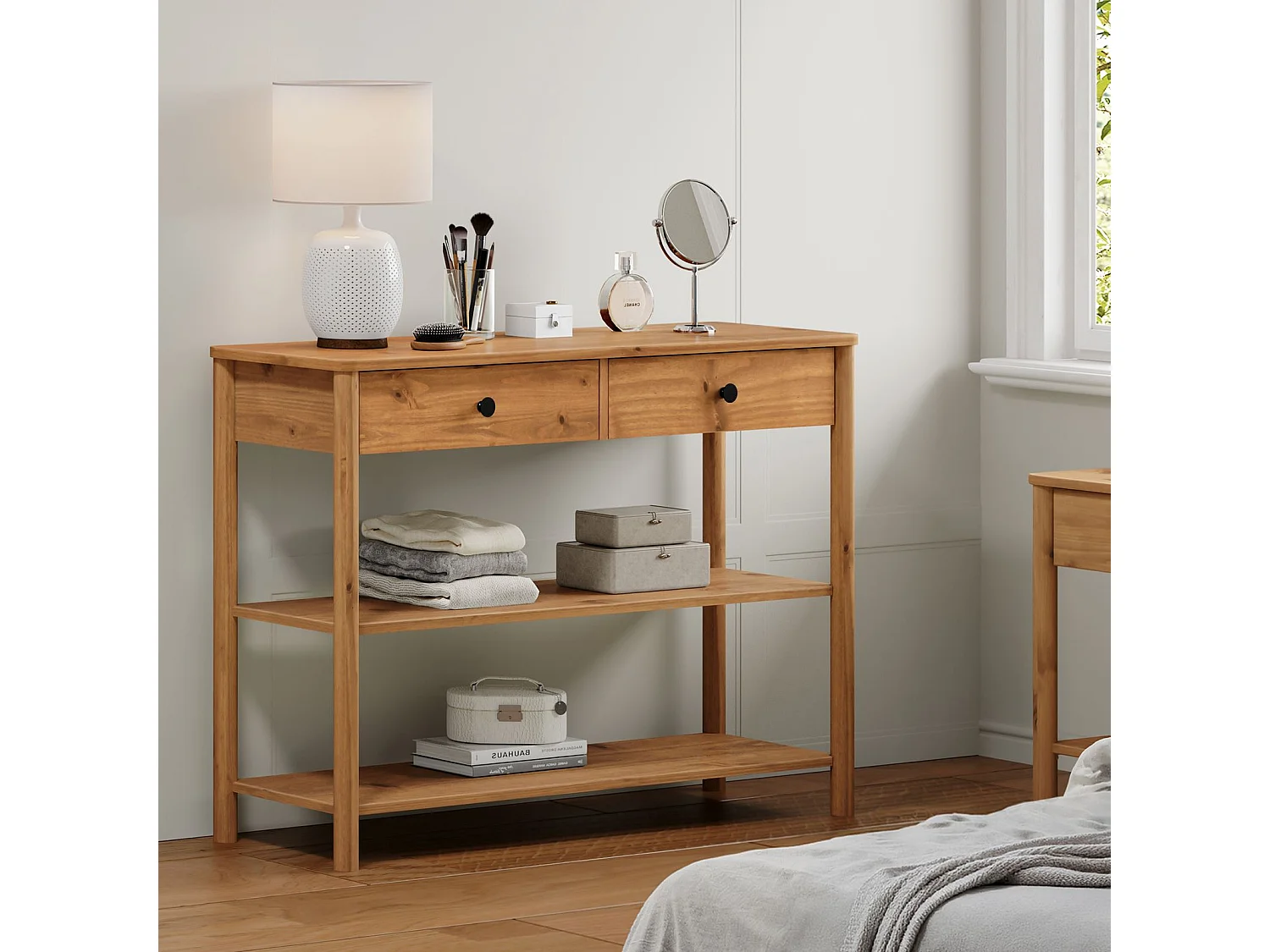 Table console d'entrée APOANA L 110 cm en bois massif coloris chêne avec 2 tiroirs et 2 tablettes, Design naturel