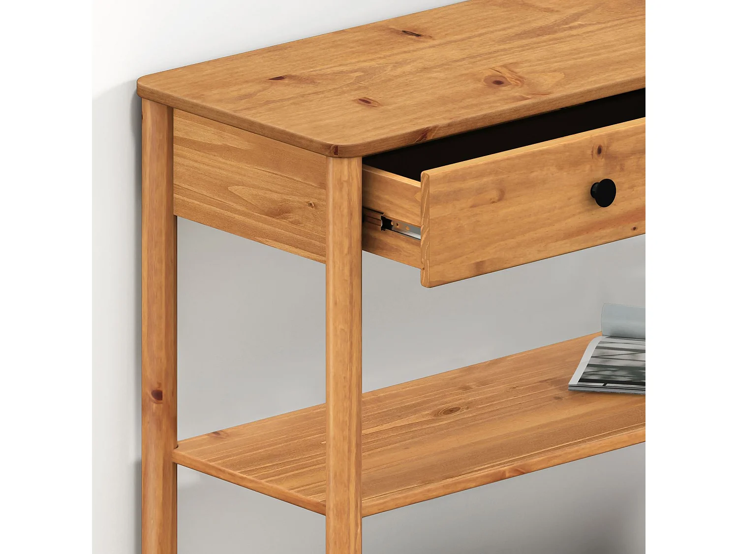 Table console d'entrée APOANA L 110 cm en bois massif coloris chêne avec 2 tiroirs et 2 tablettes, Design naturel