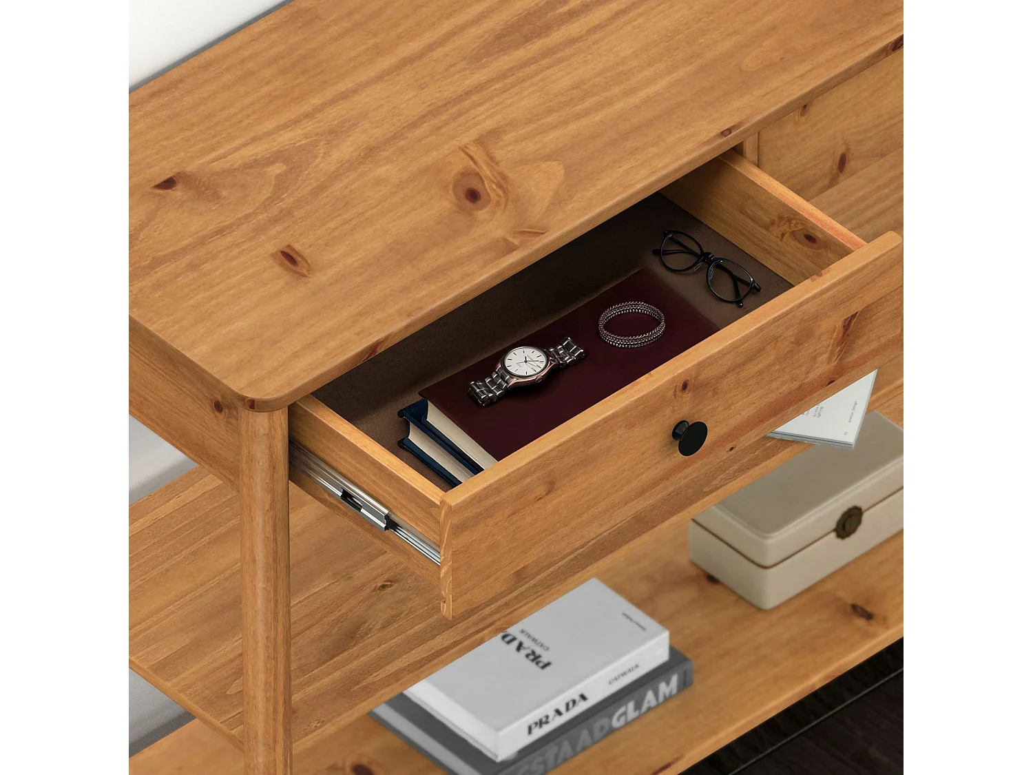 Table console d'entrée APOANA L 110 cm en bois massif coloris chêne avec 2 tiroirs et 2 tablettes, Design naturel