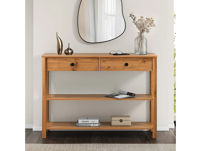 Table console d'entrée APOANA L 110 cm en bois massif coloris chêne avec 2 tiroirs et 2 tablettes, Design naturel