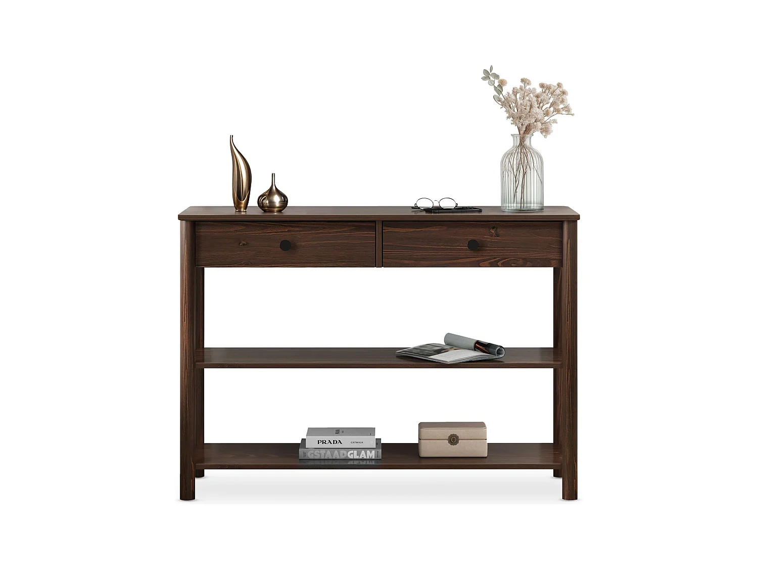 Table console d'entrée APOANA L 110 cm en bois massif coloris noyer avec 2 tiroirs et 2 tablettes, Design naturel