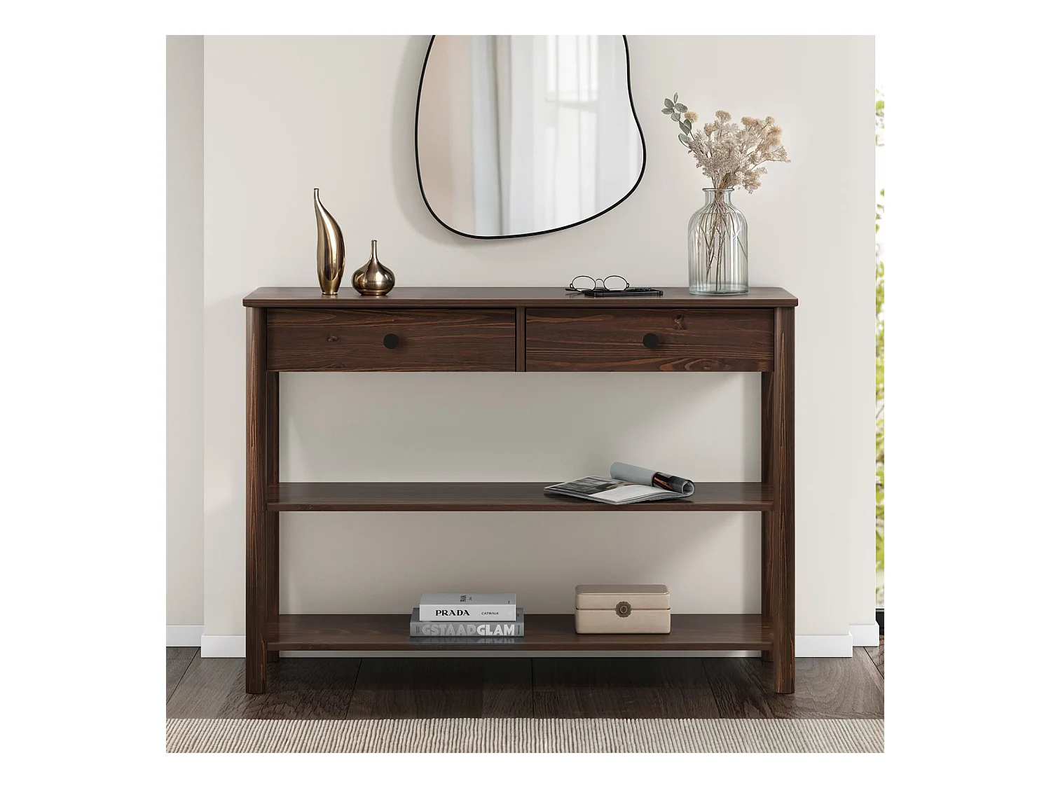 Table console d'entrée APOANA L 110 cm en bois massif coloris noyer avec 2 tiroirs et 2 tablettes, Design naturel