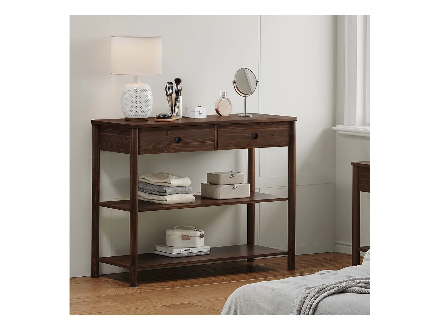 Table console d'entrée APOANA L 110 cm en bois massif coloris noyer avec 2 tiroirs et 2 tablettes, Design naturel