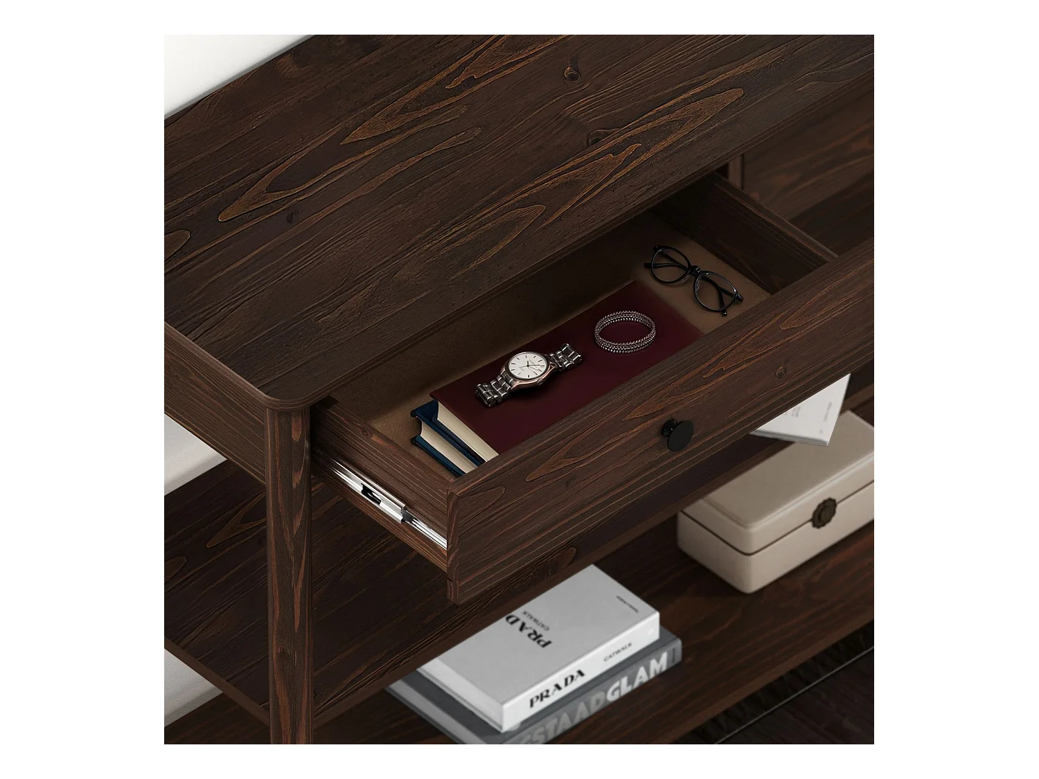 Table console d'entrée APOANA L 110 cm en bois massif coloris noyer avec 2 tiroirs et 2 tablettes, Design naturel