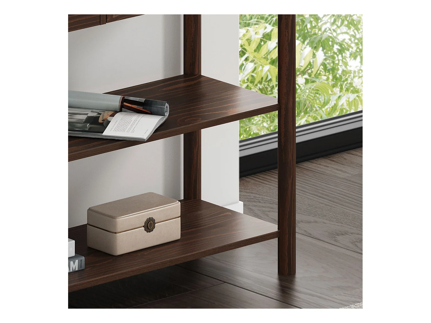 Table console d'entrée APOANA L 110 cm en bois massif coloris noyer avec 2 tiroirs et 2 tablettes, Design naturel