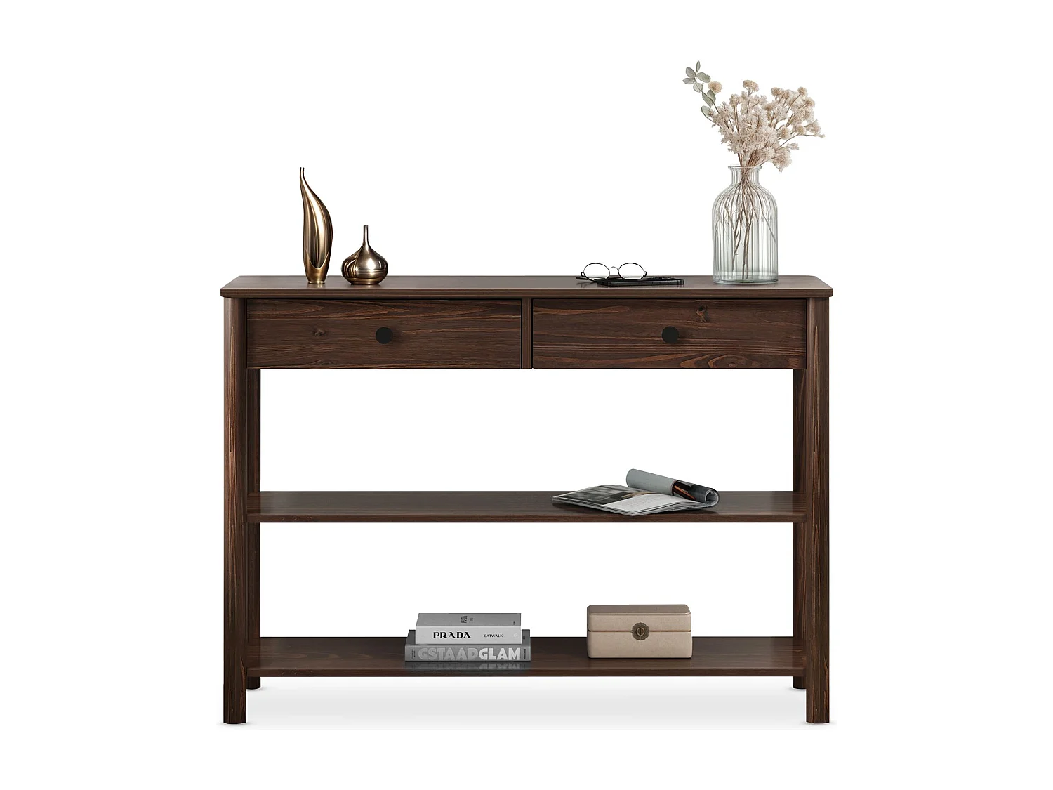 Table console d'entrée APOANA L 110 cm en bois massif coloris noyer avec 2 tiroirs et 2 tablettes, Design naturel