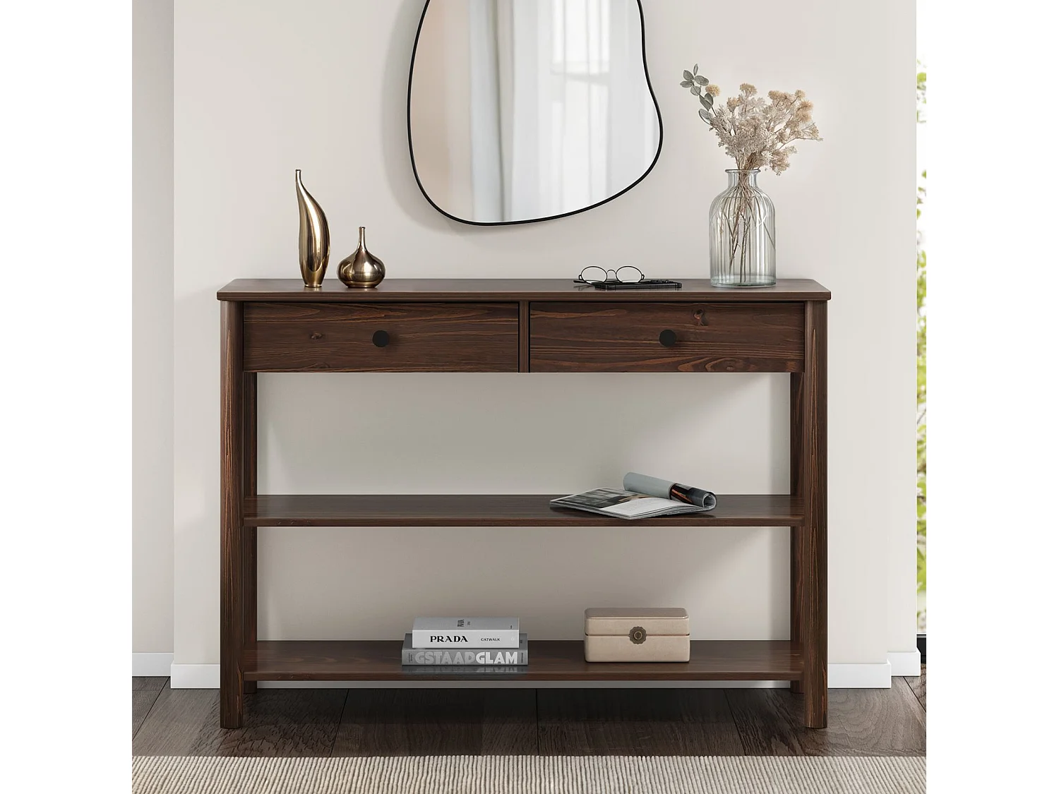 Table console d'entrée APOANA L 110 cm en bois massif coloris noyer avec 2 tiroirs et 2 tablettes, Design naturel