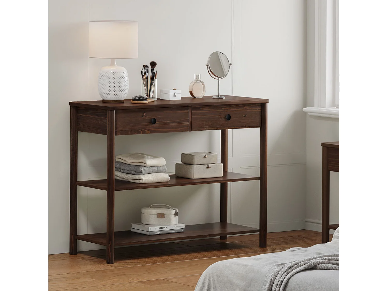 Table console d'entrée APOANA L 110 cm en bois massif coloris noyer avec 2 tiroirs et 2 tablettes, Design naturel