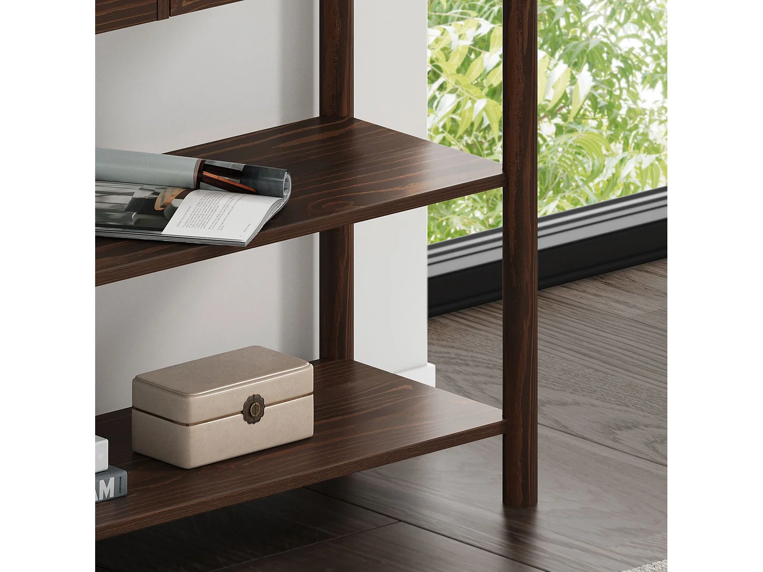 Table console d'entrée APOANA L 110 cm en bois massif coloris noyer avec 2 tiroirs et 2 tablettes, Design naturel