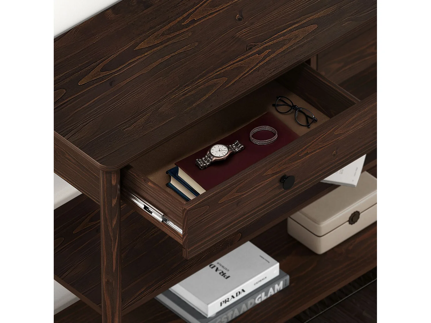 Table console d'entrée APOANA L 110 cm en bois massif coloris noyer avec 2 tiroirs et 2 tablettes, Design naturel