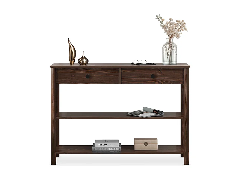 Table console d'entrée APOANA L 110 cm en bois massif coloris noyer avec 2 tiroirs et 2 tablettes, Design naturel