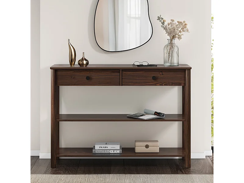 Table console d'entrée APOANA L 110 cm en bois massif coloris noyer avec 2 tiroirs et 2 tablettes, Design naturel