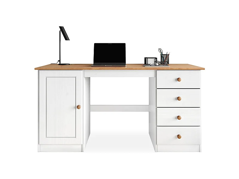 Bureau MANAGER L 145 cm en bois massif, coloris blanc et chêne, espace de rangement avec 4 tiroirs et 1 porte battante