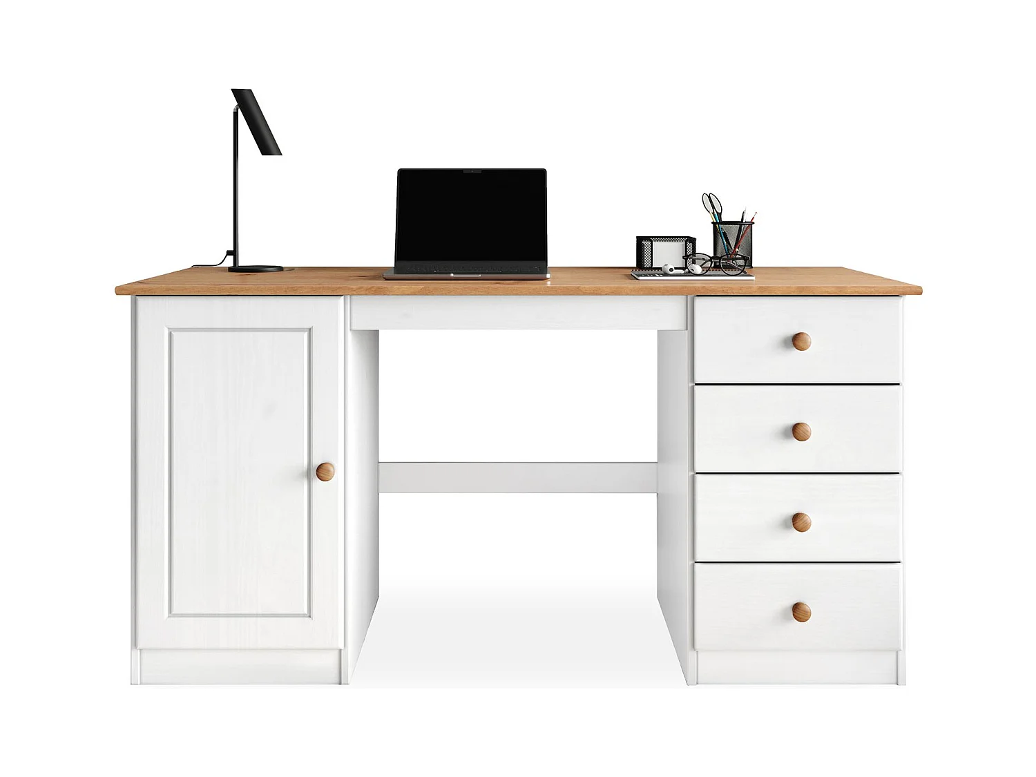 Bureau MANAGER L 145 cm en bois massif, coloris blanc et chêne, espace de rangement avec 4 tiroirs et 1 porte battante