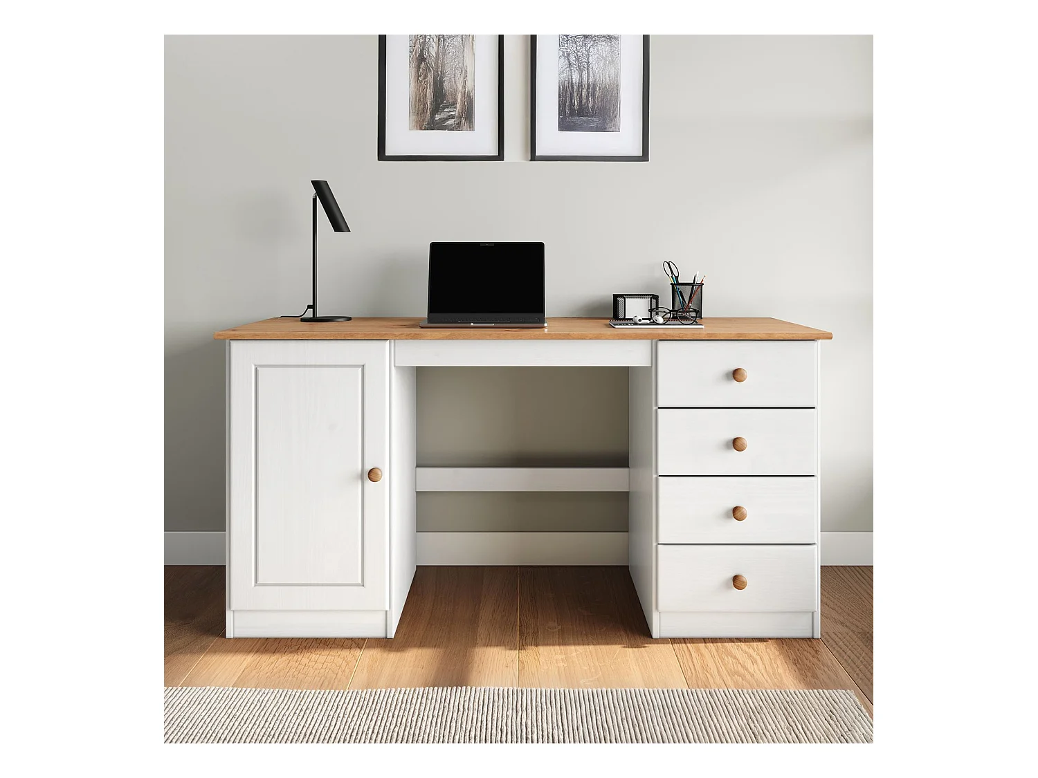 Bureau MANAGER L 145 cm en bois massif, coloris blanc et chêne, espace de rangement avec 4 tiroirs et 1 porte battante