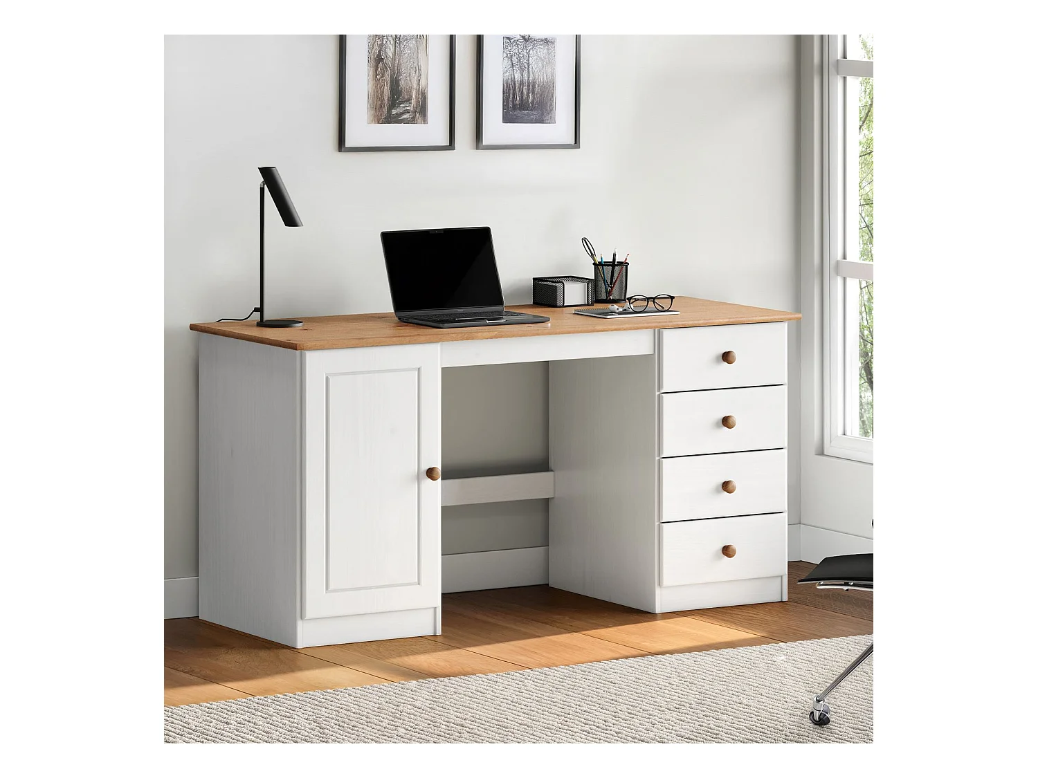 Bureau MANAGER L 145 cm en bois massif, coloris blanc et chêne, espace de rangement avec 4 tiroirs et 1 porte battante