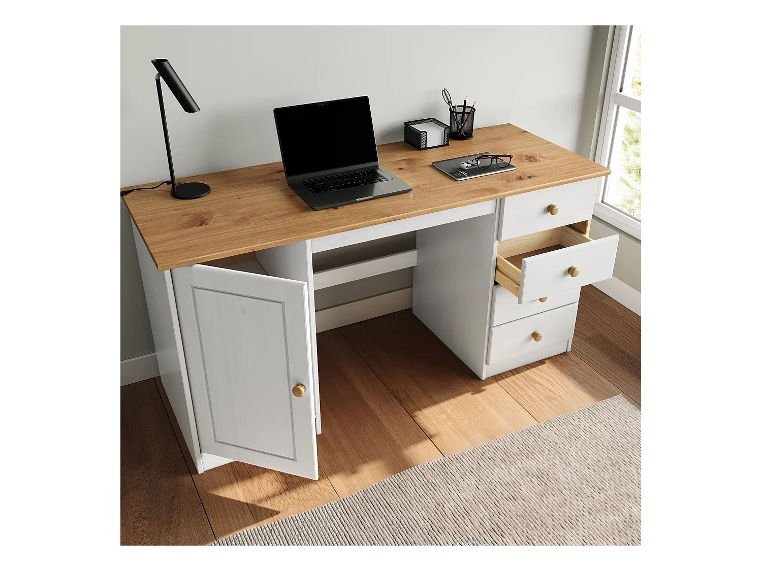 Bureau MANAGER L 145 cm en bois massif, coloris blanc et chêne, espace de rangement avec 4 tiroirs et 1 porte battante