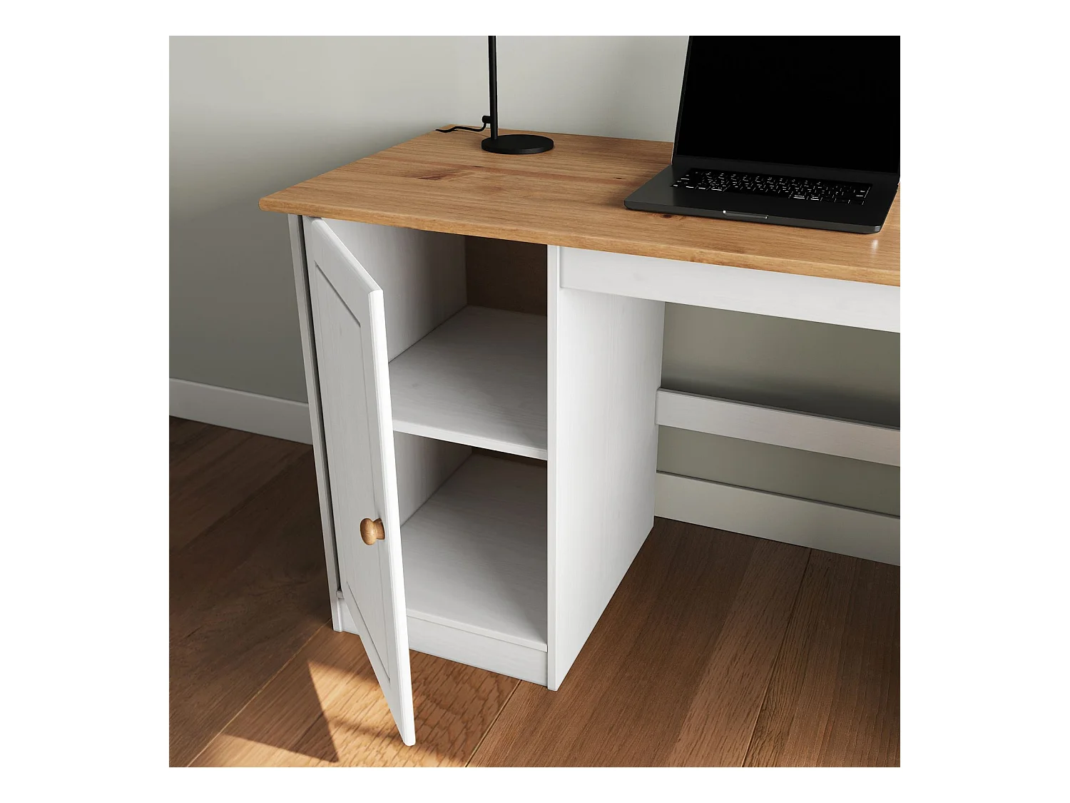 Bureau MANAGER L 145 cm en bois massif, coloris blanc et chêne, espace de rangement avec 4 tiroirs et 1 porte battante