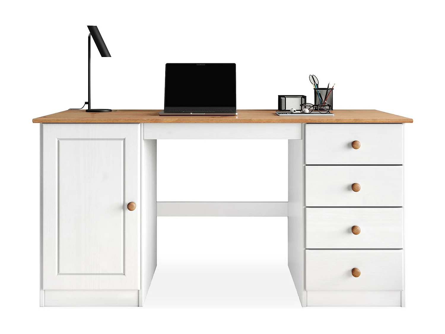 Bureau MANAGER L 145 cm en bois massif, coloris blanc et chêne, espace de rangement avec 4 tiroirs et 1 porte battante