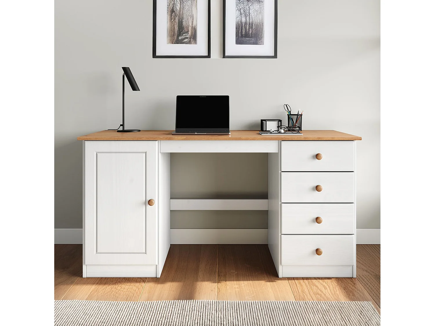 Bureau MANAGER L 145 cm en bois massif, coloris blanc et chêne, espace de rangement avec 4 tiroirs et 1 porte battante