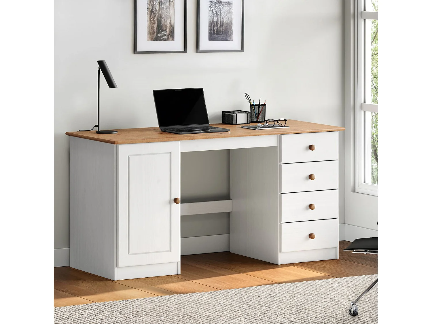 Bureau MANAGER L 145 cm en bois massif, coloris blanc et chêne, espace de rangement avec 4 tiroirs et 1 porte battante