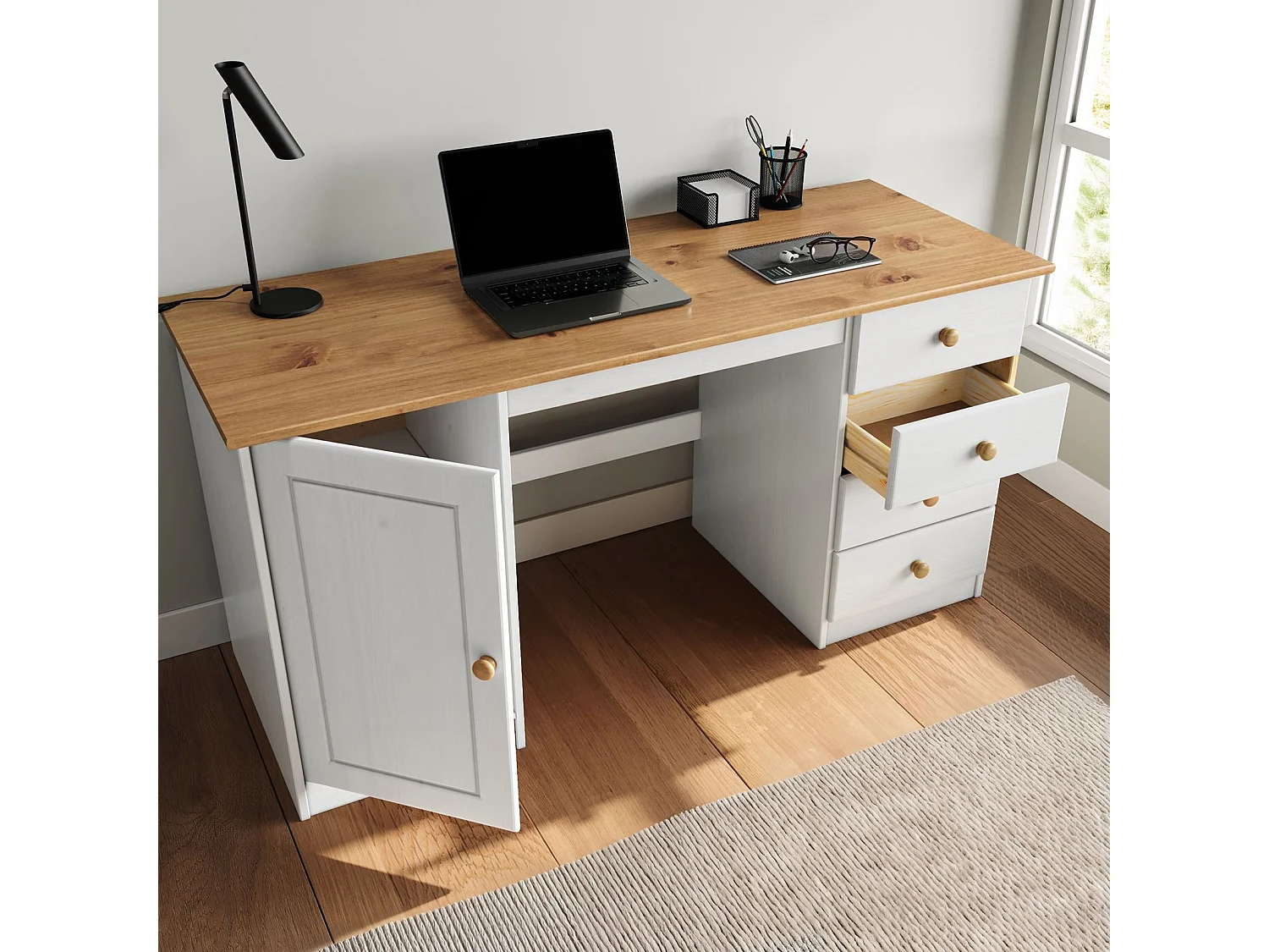 Bureau MANAGER L 145 cm en bois massif, coloris blanc et chêne, espace de rangement avec 4 tiroirs et 1 porte battante