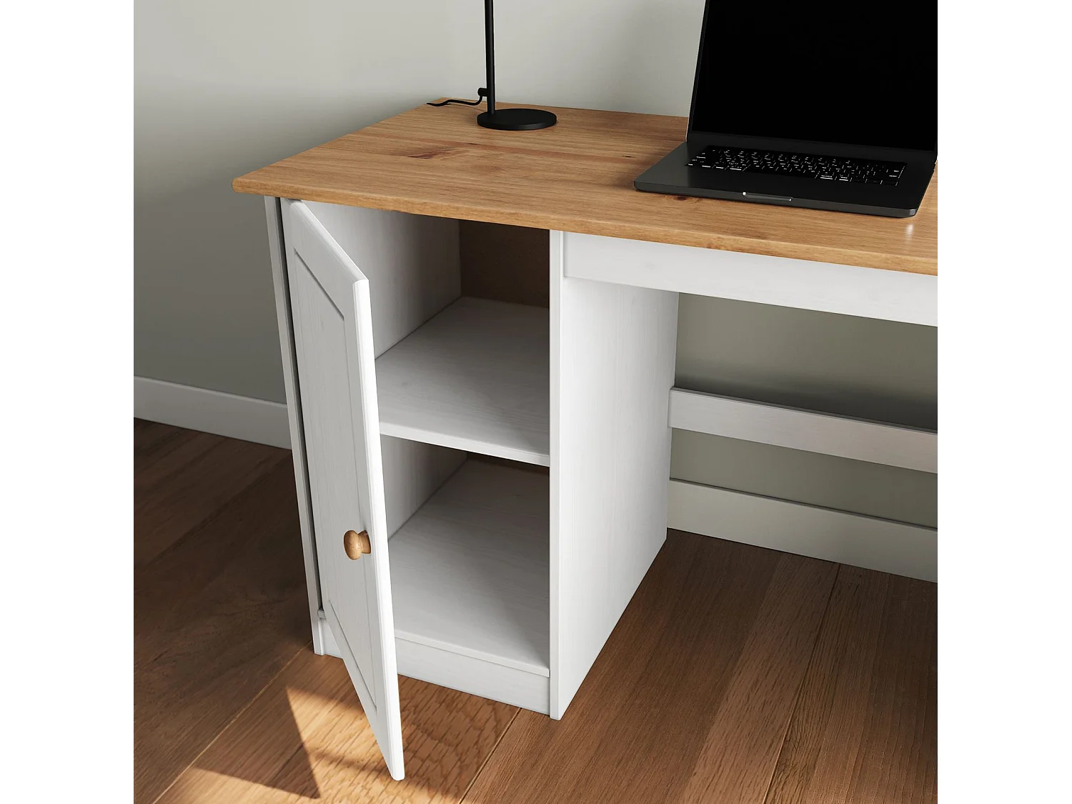 Bureau MANAGER L 145 cm en bois massif, coloris blanc et chêne, espace de rangement avec 4 tiroirs et 1 porte battante