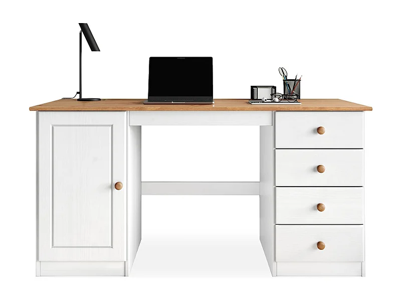 Bureau MANAGER L 145 cm en bois massif, coloris blanc et chêne, espace de rangement avec 4 tiroirs et 1 porte battante