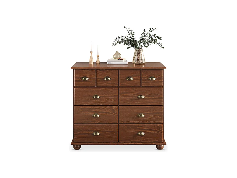 Commode chambre COLMAR L 92 cm 8 tiroirs en bois massif brun foncé chiffonnier apothicaire rangement avec poignées en métal