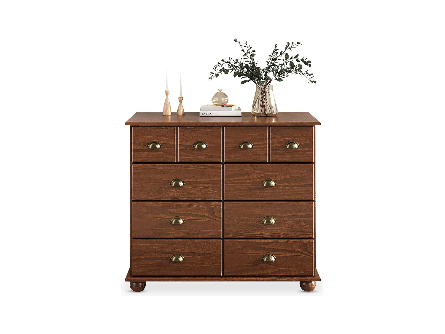 Commode chambre COLMAR L 92 cm 8 tiroirs en bois massif brun foncé chiffonnier apothicaire rangement avec poignées en métal