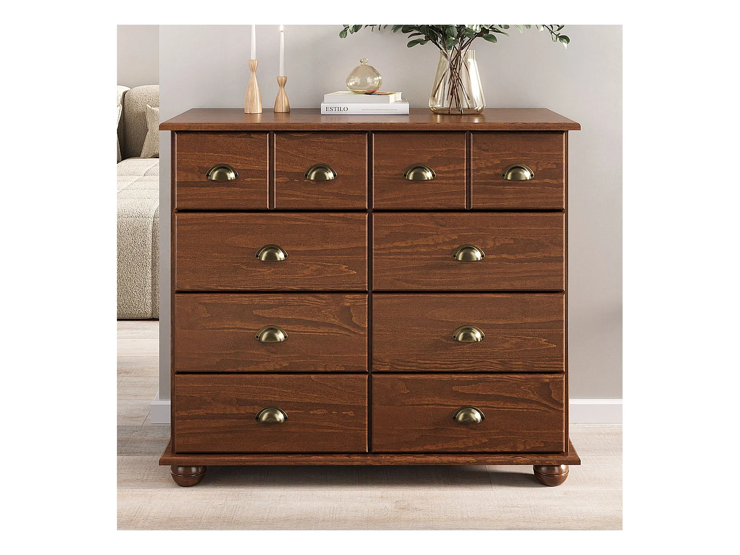 Commode chambre COLMAR L 92 cm 8 tiroirs en bois massif brun foncé chiffonnier apothicaire rangement avec poignées en métal