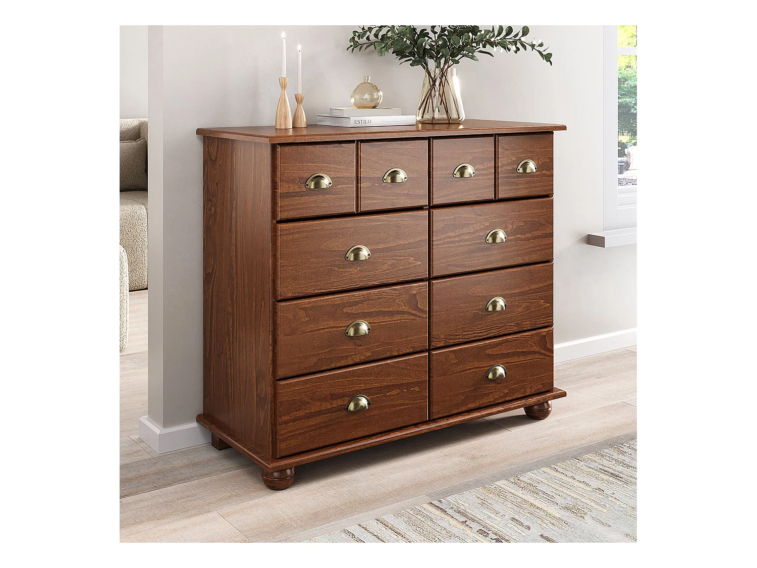 Commode chambre COLMAR L 92 cm 8 tiroirs en bois massif brun foncé chiffonnier apothicaire rangement avec poignées en métal