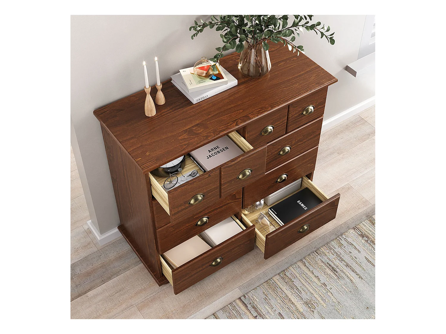 Commode chambre COLMAR L 92 cm 8 tiroirs en bois massif brun foncé chiffonnier apothicaire rangement avec poignées en métal