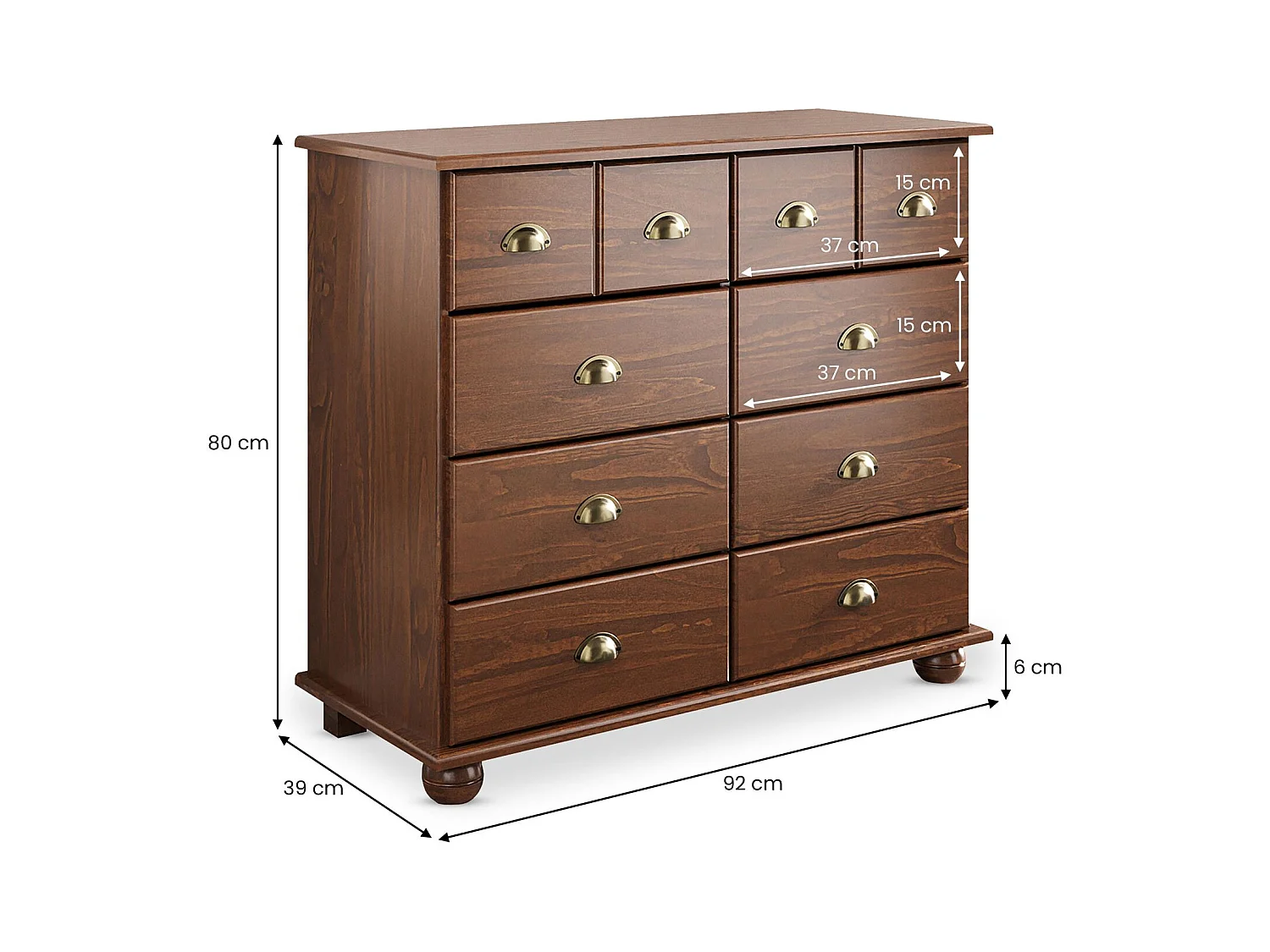 Commode chambre COLMAR L 92 cm 8 tiroirs en bois massif brun foncé chiffonnier apothicaire rangement avec poignées en métal