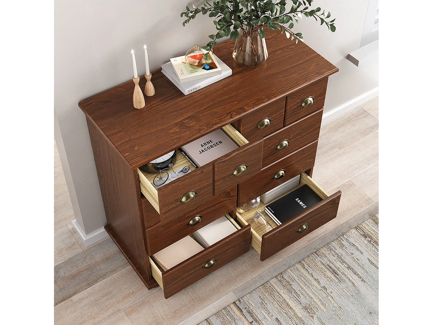 Commode chambre COLMAR L 92 cm 8 tiroirs en bois massif brun foncé chiffonnier apothicaire rangement avec poignées en métal