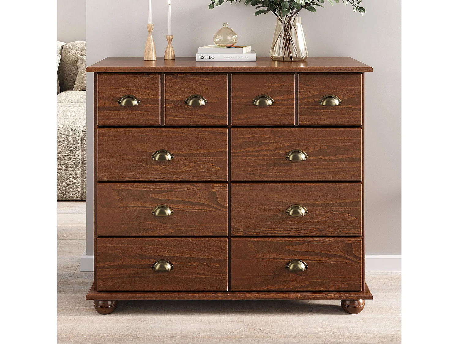 Commode chambre COLMAR L 92 cm 8 tiroirs en bois massif brun foncé chiffonnier apothicaire rangement avec poignées en métal