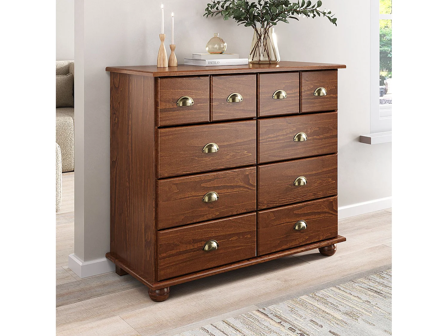 Commode chambre COLMAR L 92 cm 8 tiroirs en bois massif brun foncé chiffonnier apothicaire rangement avec poignées en métal