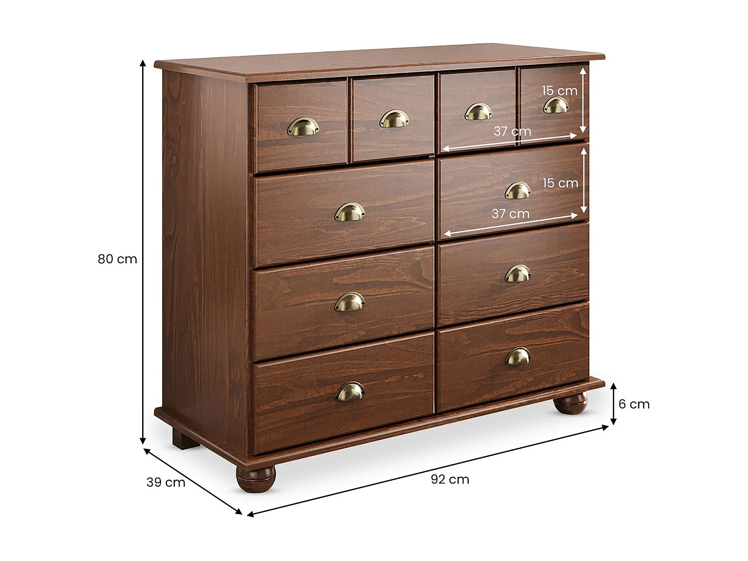 Commode chambre COLMAR L 92 cm 8 tiroirs en bois massif brun foncé chiffonnier apothicaire rangement avec poignées en métal