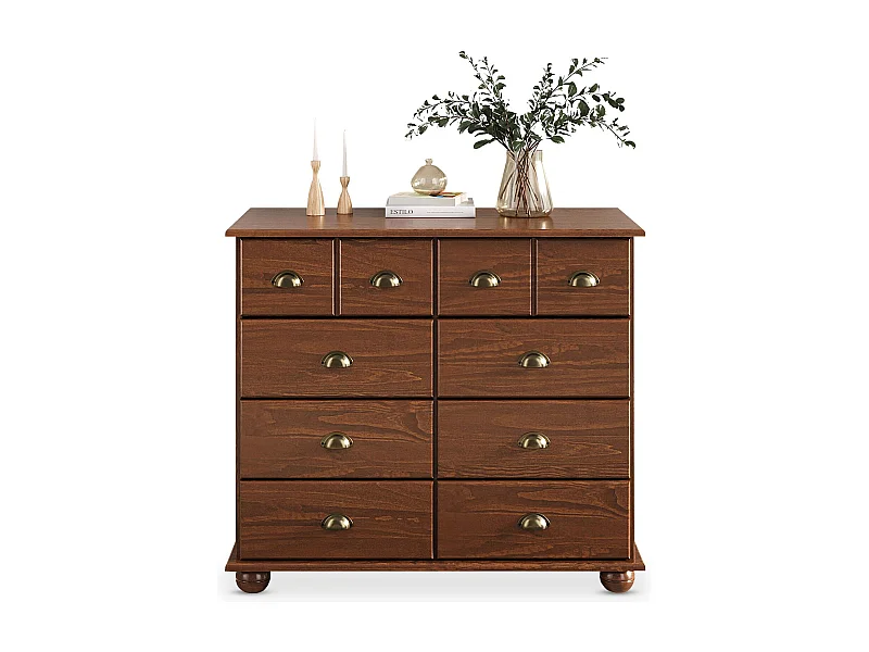 Commode chambre COLMAR L 92 cm 8 tiroirs en bois massif brun foncé chiffonnier apothicaire rangement avec poignées en métal
