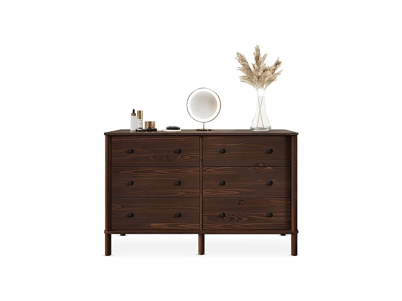 Commode chambre APOANA L 132 cm 6 tiroirs en bois massif coloris noyer, meuble de rangement pour vêtements