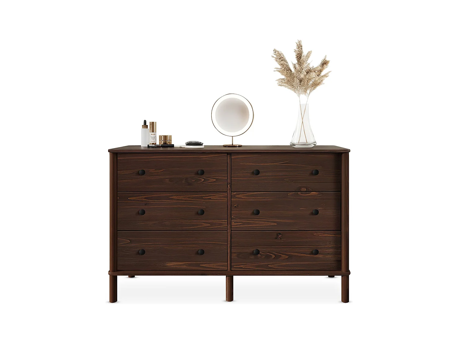 Commode chambre APOANA L 132 cm 6 tiroirs en bois massif coloris noyer, meuble de rangement pour vêtements