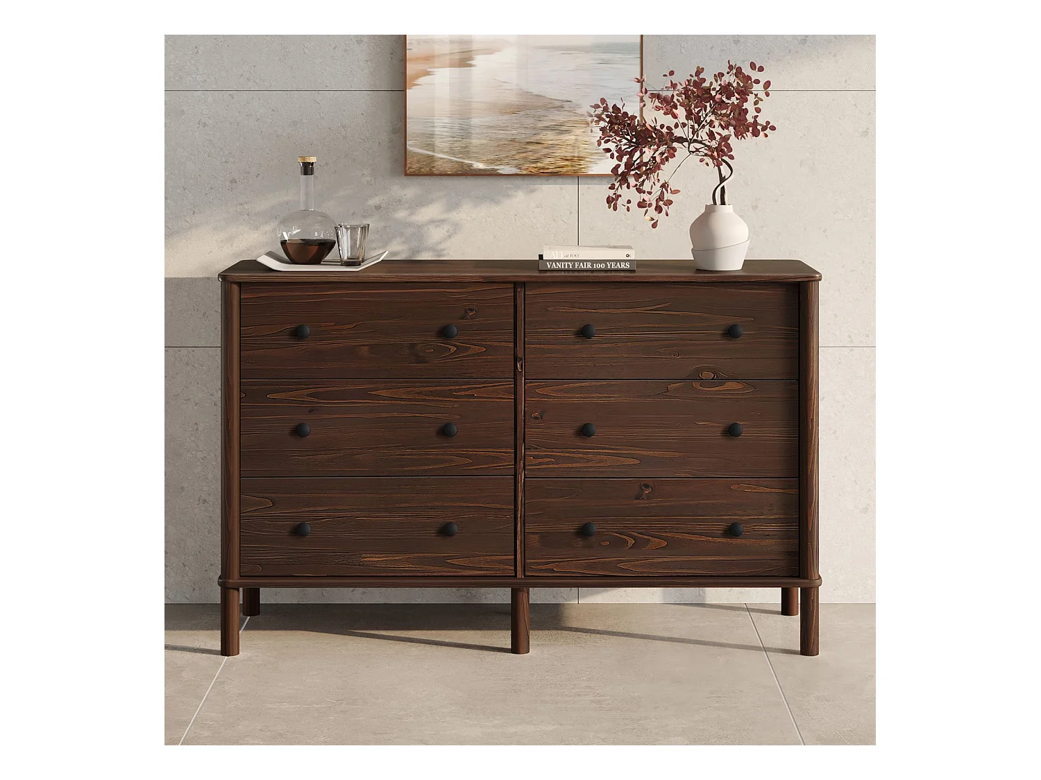 Commode chambre APOANA L 132 cm 6 tiroirs en bois massif coloris noyer, meuble de rangement pour vêtements